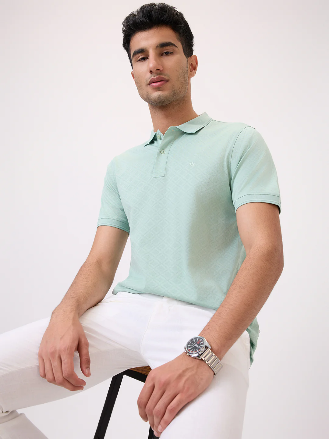 Raymond Men Green Jacquard Regular Fit Cotton T-Shirt