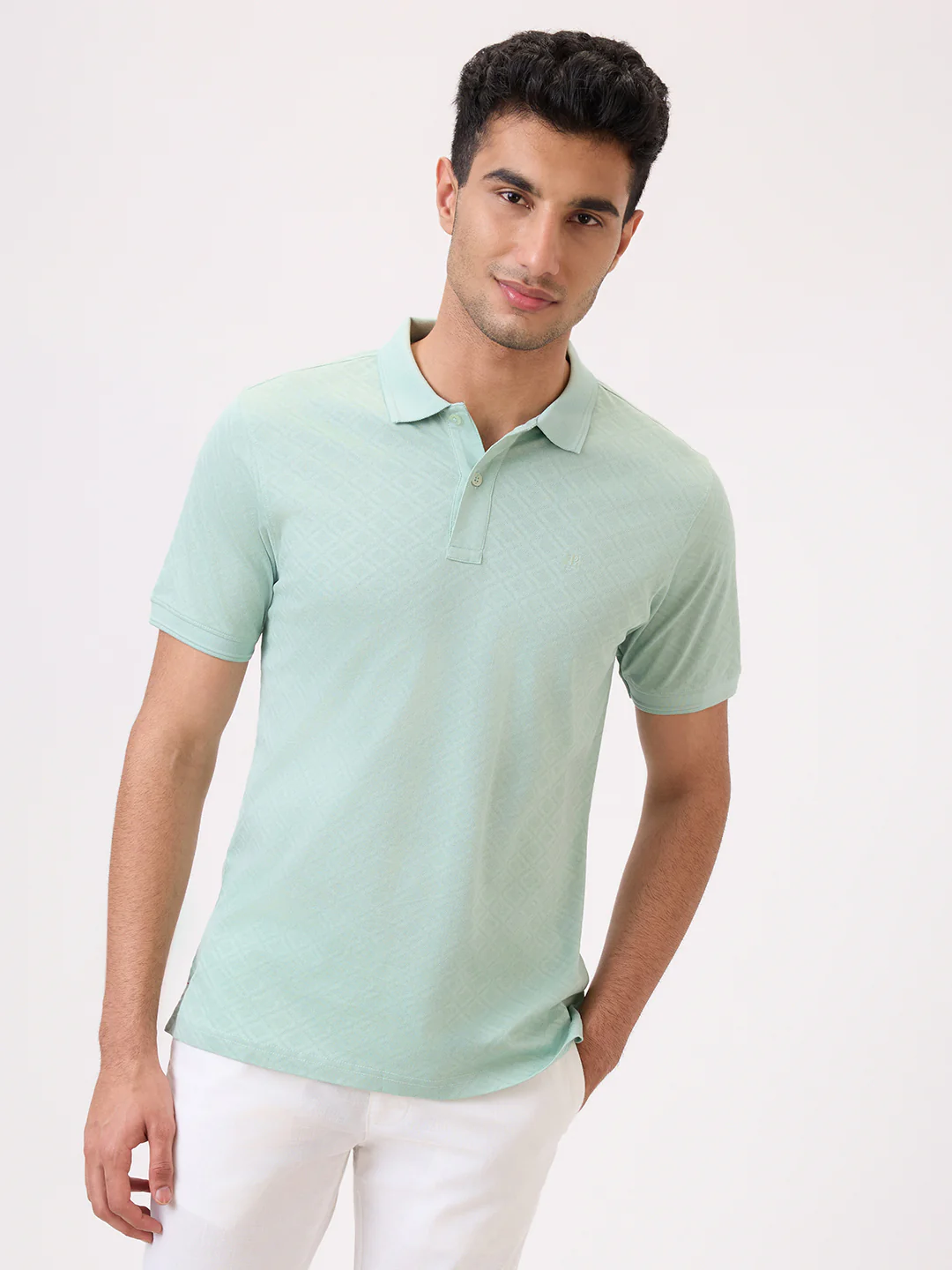 Raymond Men Green Jacquard Regular Fit Cotton T-Shirt - Image 2