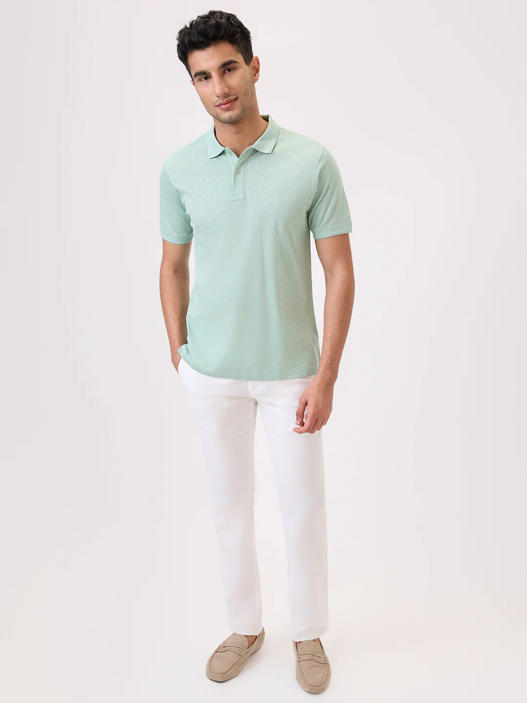 Raymond Men Green Jacquard Regular Fit Cotton T-Shirt - Image 6