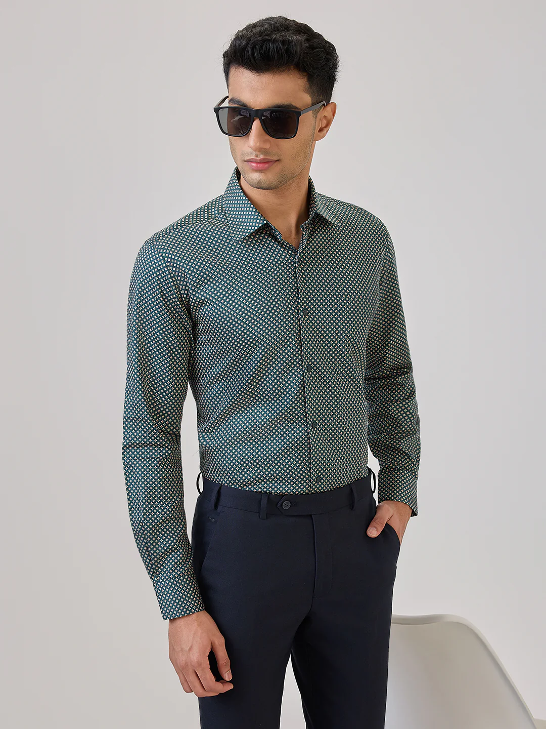 Raymond Men Green Print Regular Fit Cotton Formal Shirt