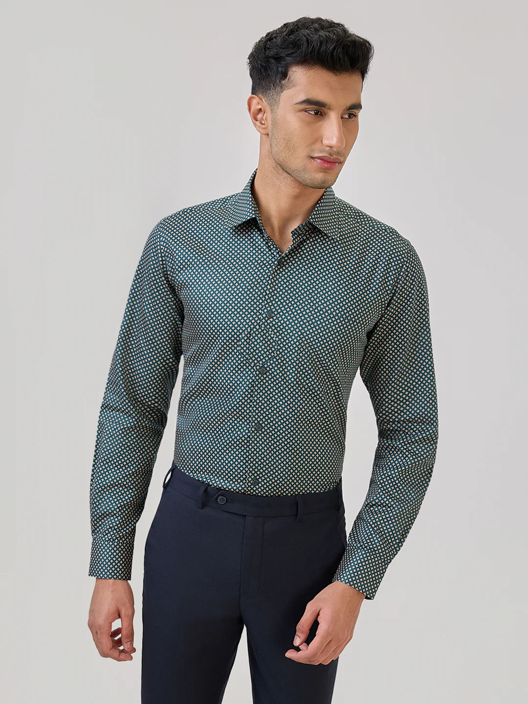 Raymond Men Green Print Regular Fit Cotton Formal Shirt - Image 2