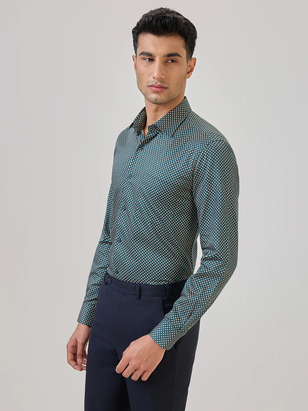 Raymond Men Green Print Regular Fit Cotton Formal Shirt - Image 3