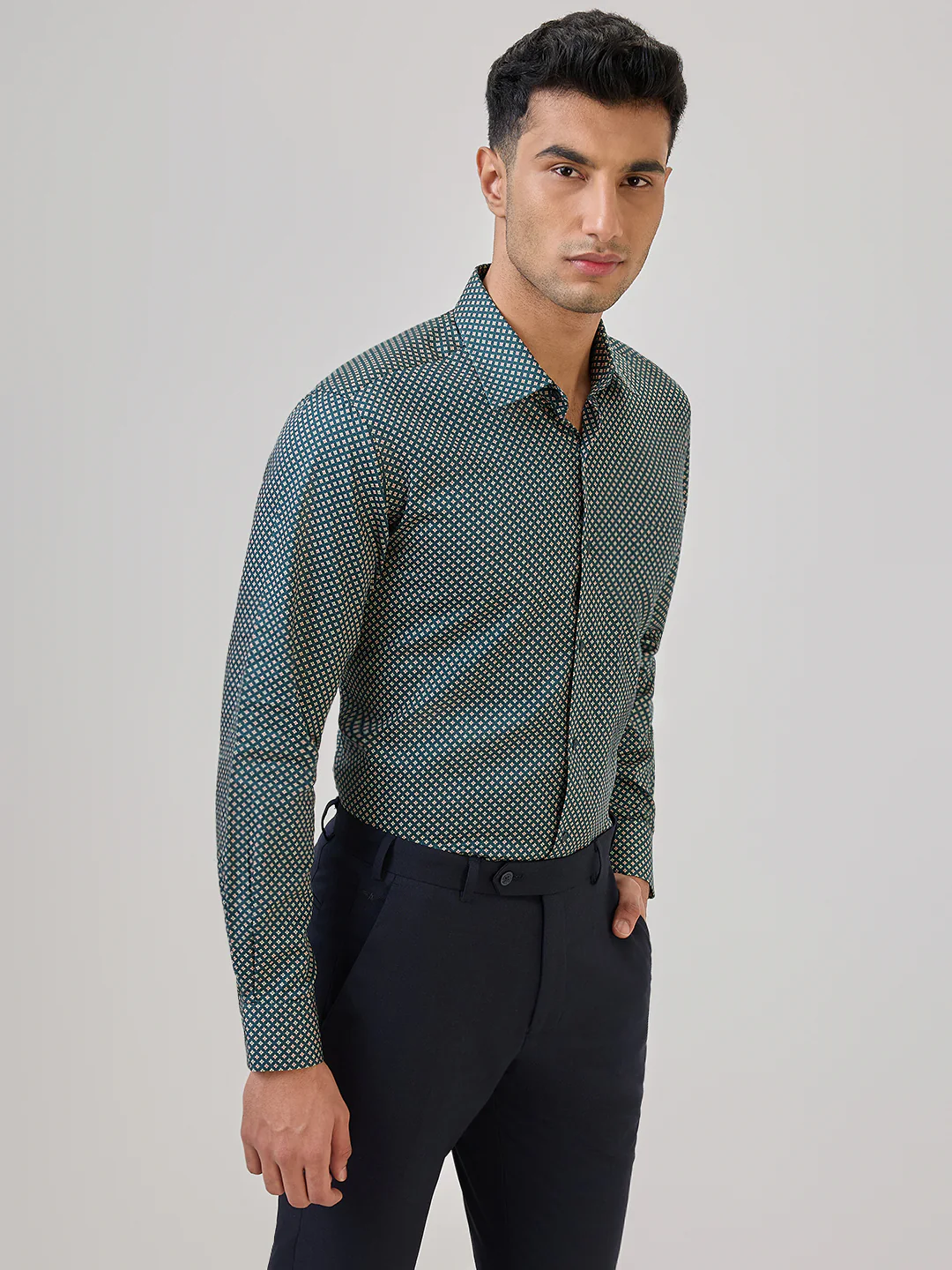 Raymond Men Green Print Regular Fit Cotton Formal Shirt - Image 4
