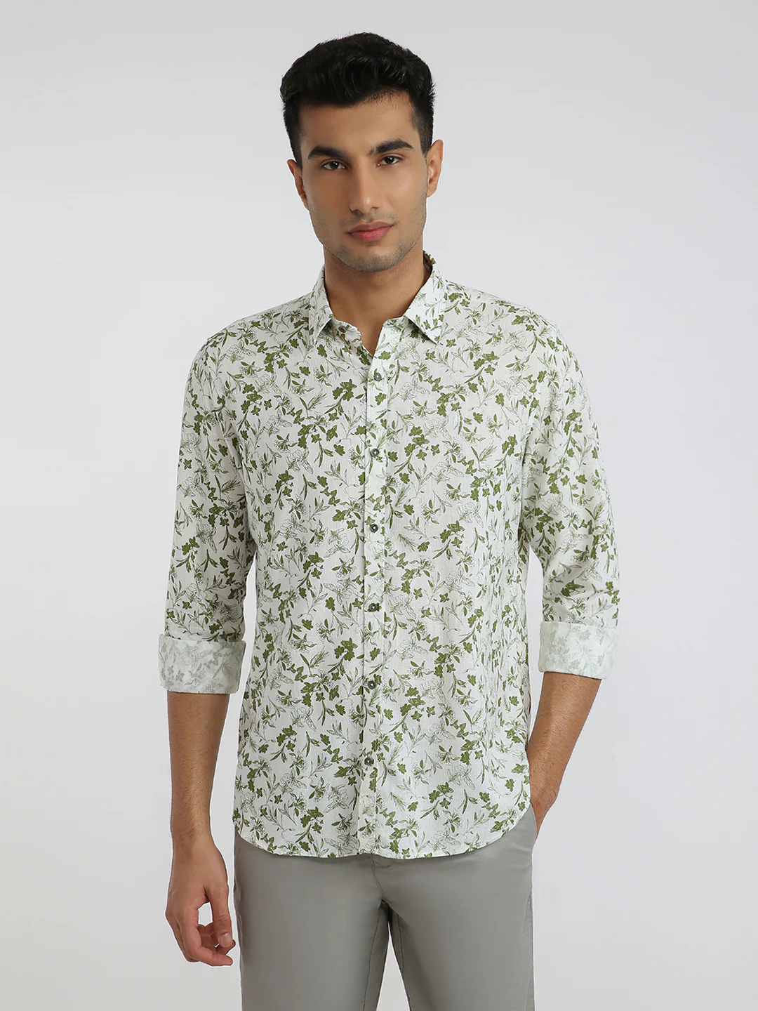 Raymond Men Green Print Regular Fit Linen Blend Casual Shirt