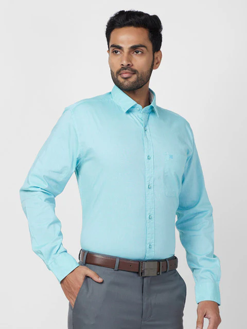 Raymond Men Blue Solid Slim Fit Cotton Casual Shirt - Image 2