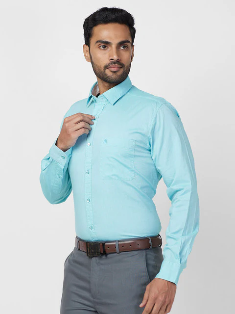 Raymond Men Blue Solid Slim Fit Cotton Casual Shirt - Image 3