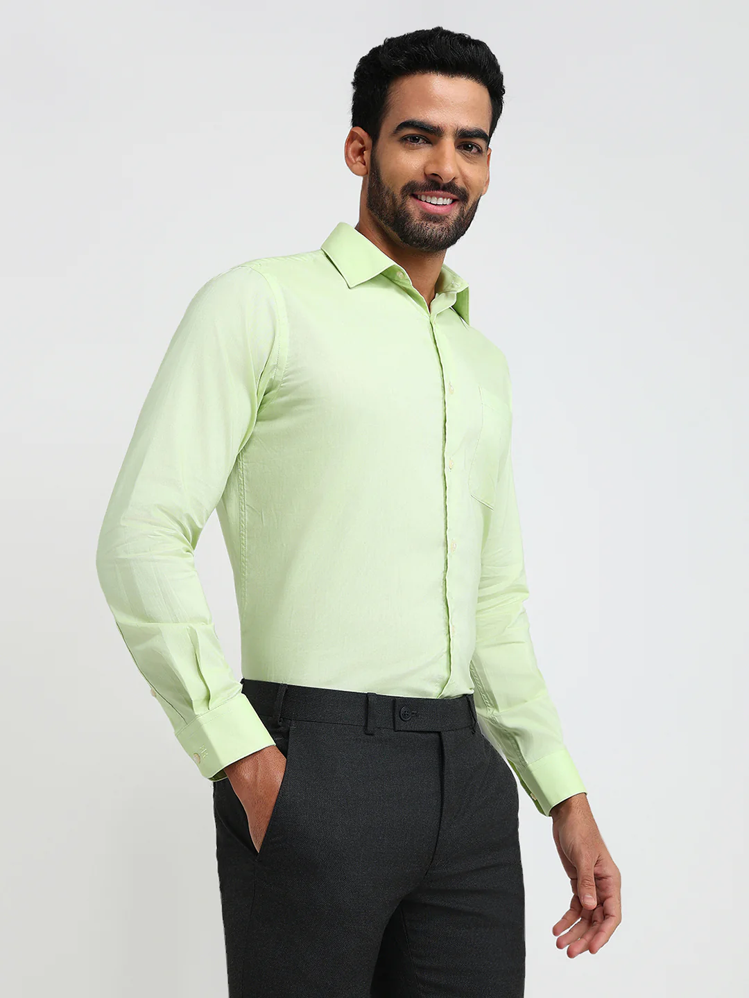Raymond Men Green Solid Chambray Slim Fit Cotton Formal Shirt - Image 3