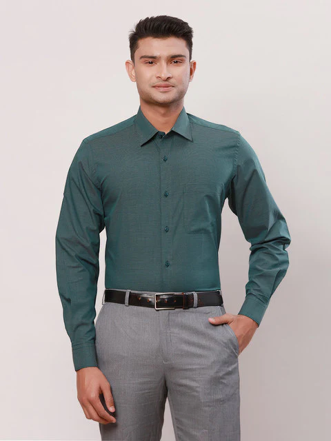 Raymond Men Green Solid Contemporary Fit Cotton Formal Shirts