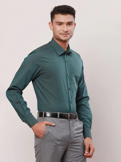 Raymond Men Green Solid Contemporary Fit Cotton Formal Shirts - Image 2
