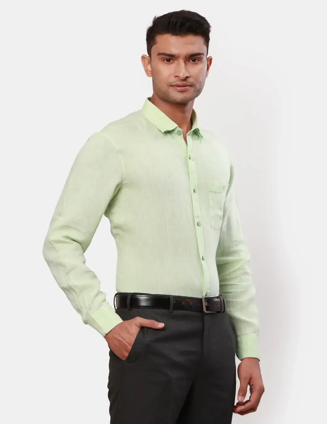 Raymond Men Green Solid Contemporary Fit Linen Shirt - Image 2