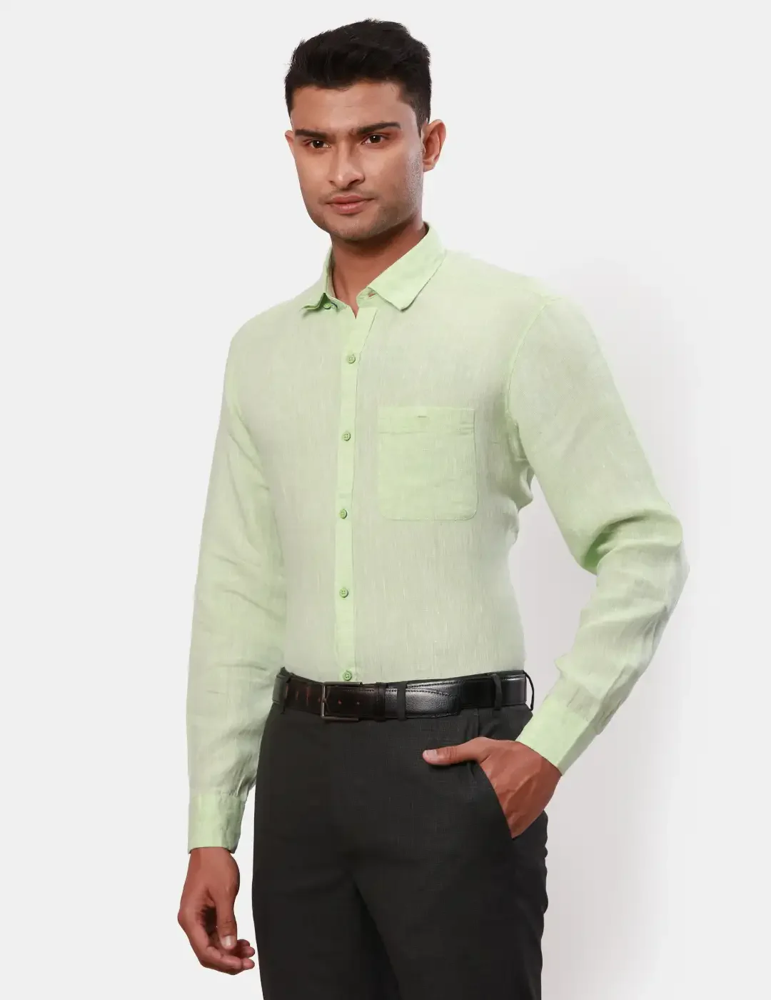 Raymond Men Green Solid Contemporary Fit Linen Shirt - Image 3