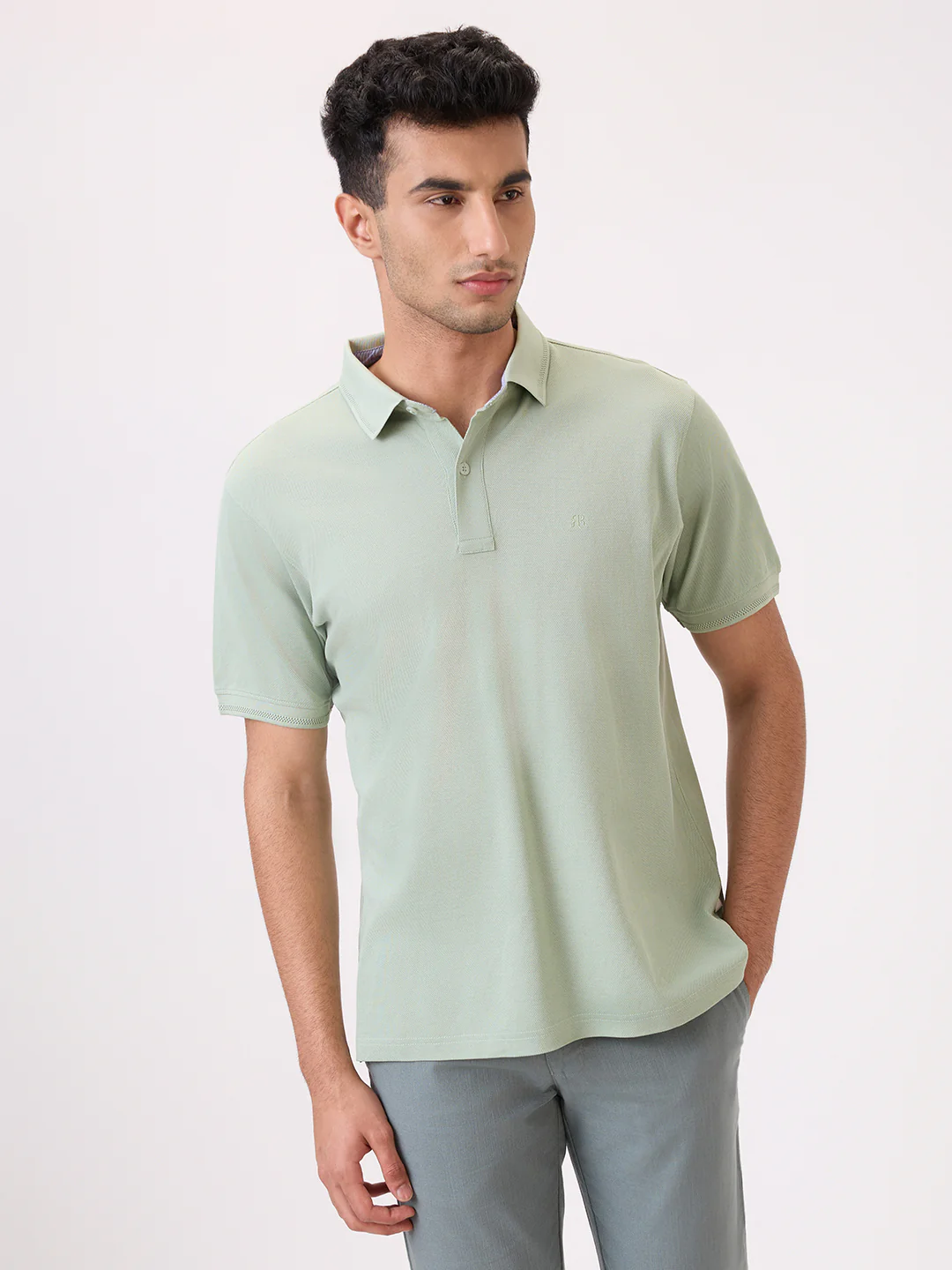 Raymond Men Green Solid Regular Fit Cotton T-Shirt - Image 2