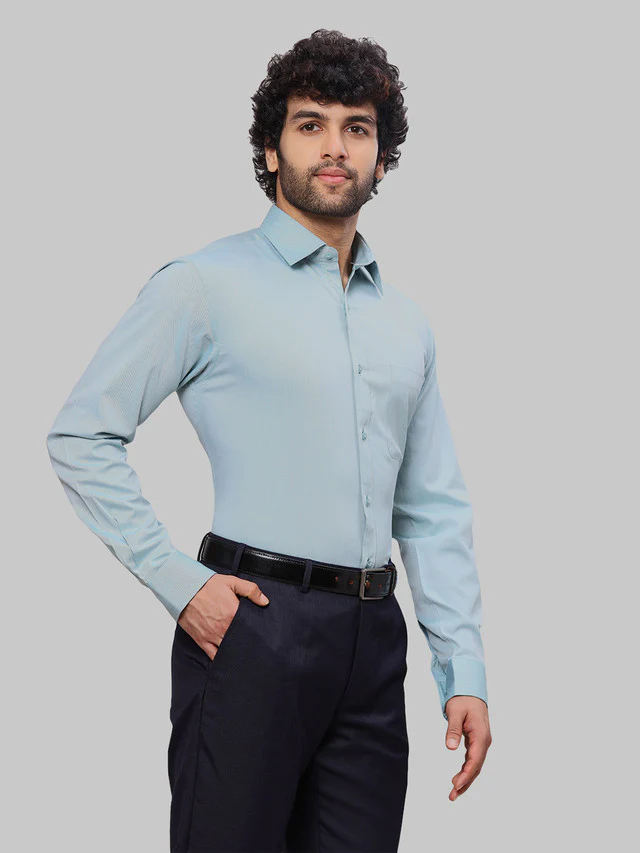 Raymond Men Green Solid Slim Fit Cotton Shirt - Image 2