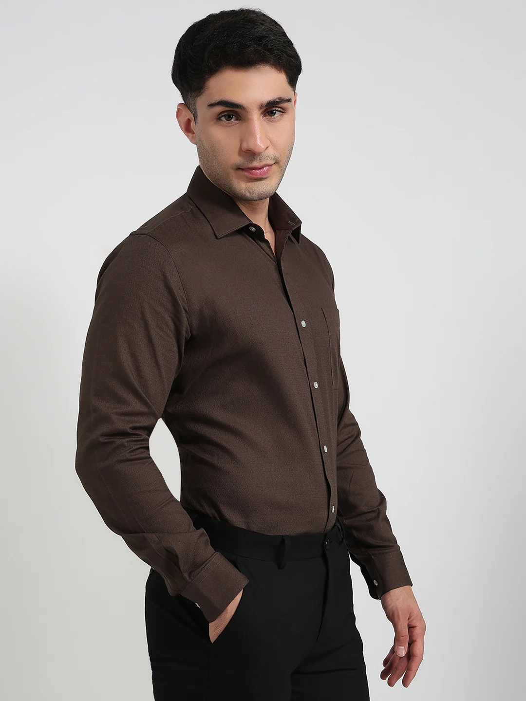 Raymond Men Green Solid Slim Fit Cotton Shirt - Image 3
