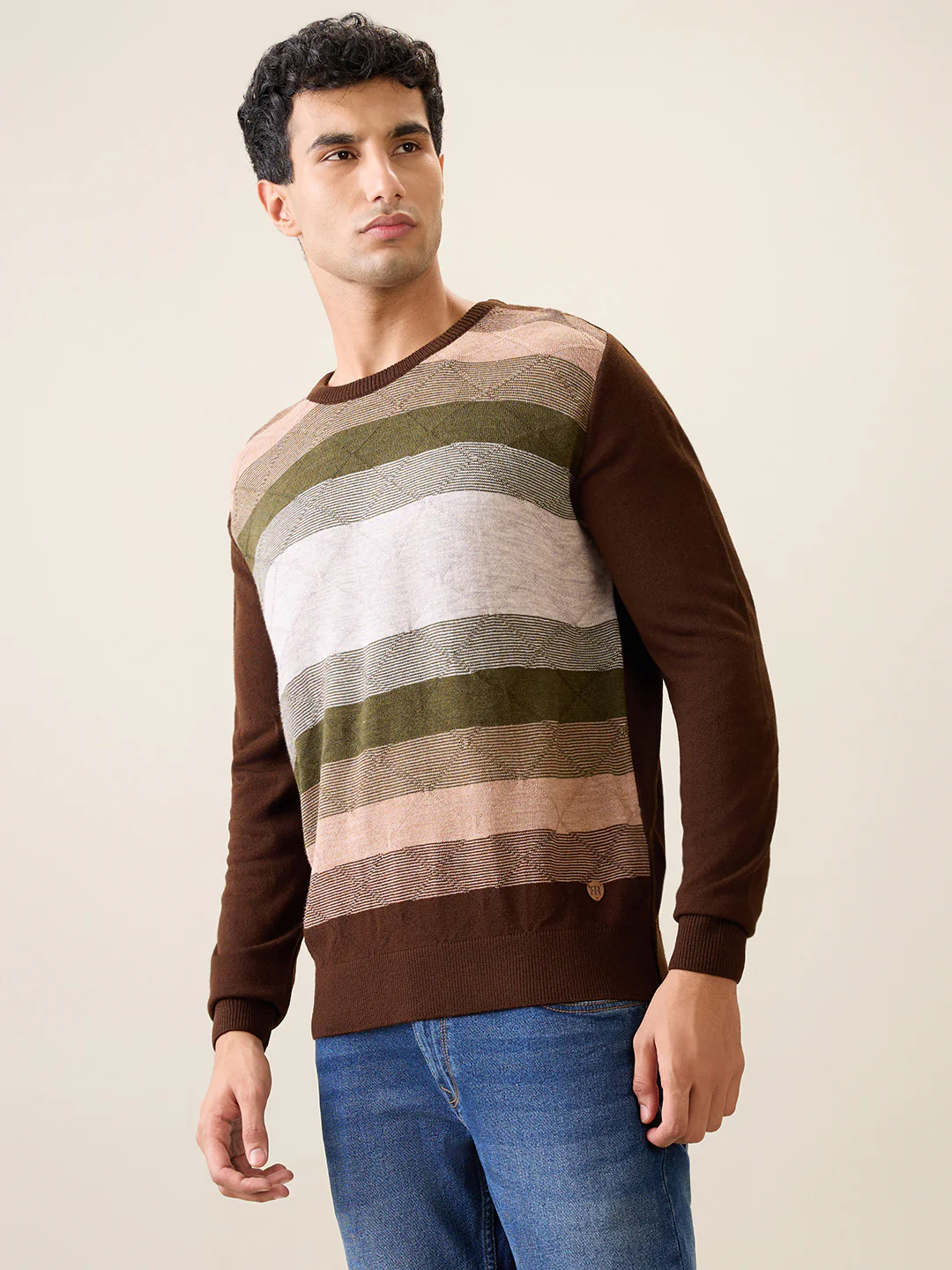 Raymond Men Green Stripe Acrylic Full Sleeve Round Neck Collar Sweater - Image 2