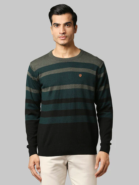 Raymond Men Green Stripe Regular Fit Acrlic Blend Sweater