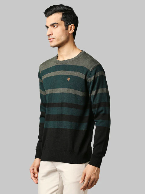 Raymond Men Green Stripe Regular Fit Acrlic Blend Sweater - Image 3