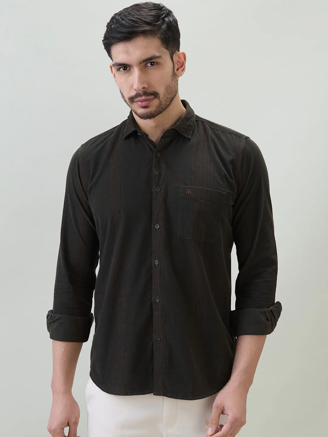 Raymond Men Green Stripe Regular Fit Cotton Casual Shirt
