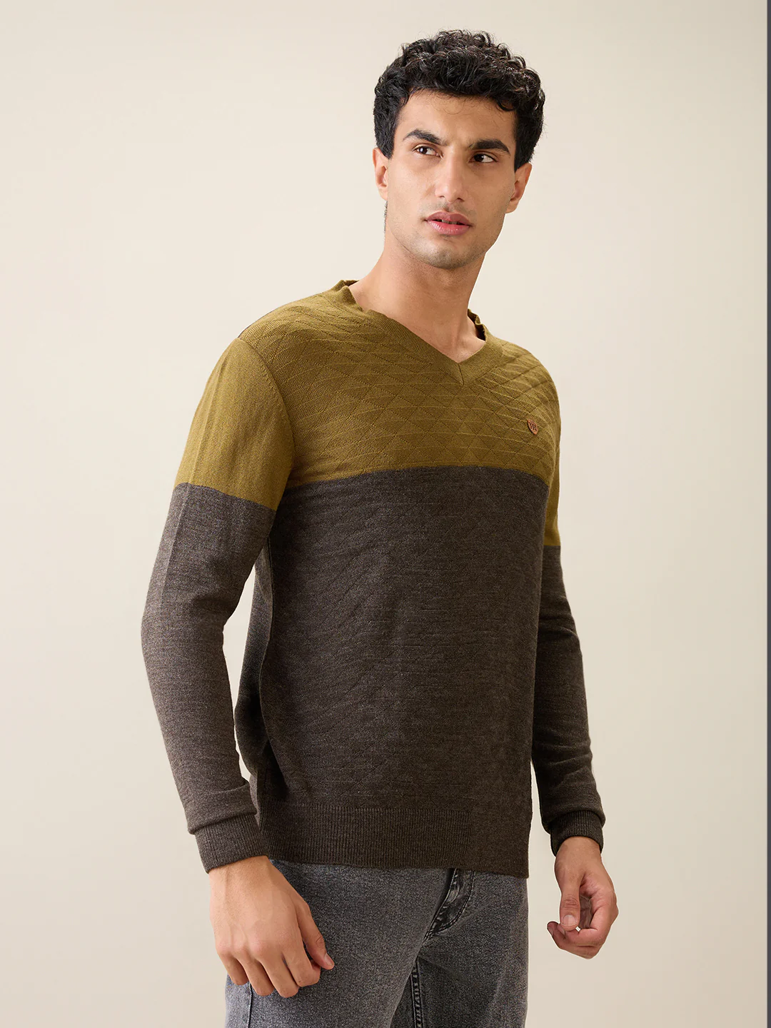 Raymond Men Green Structure Acrylic Full Sleeve V Neck Collar Sweater - Image 3