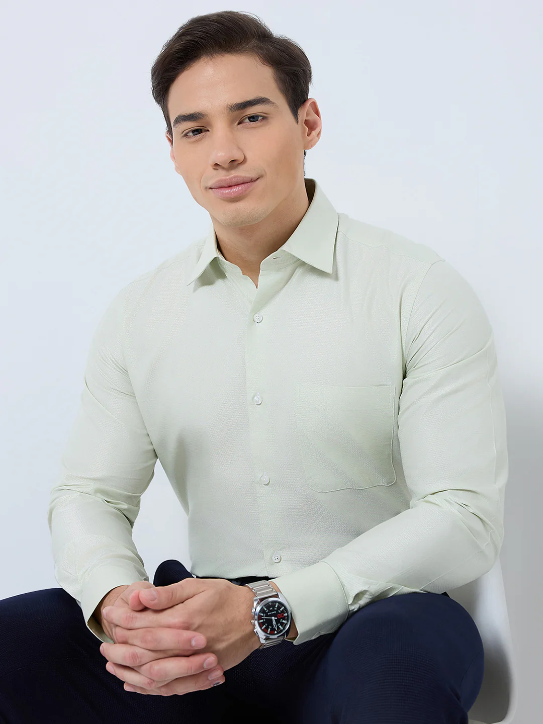 Raymond Men Green Structure Regular Fit Cotton Blend Formal Shirt - Image 6