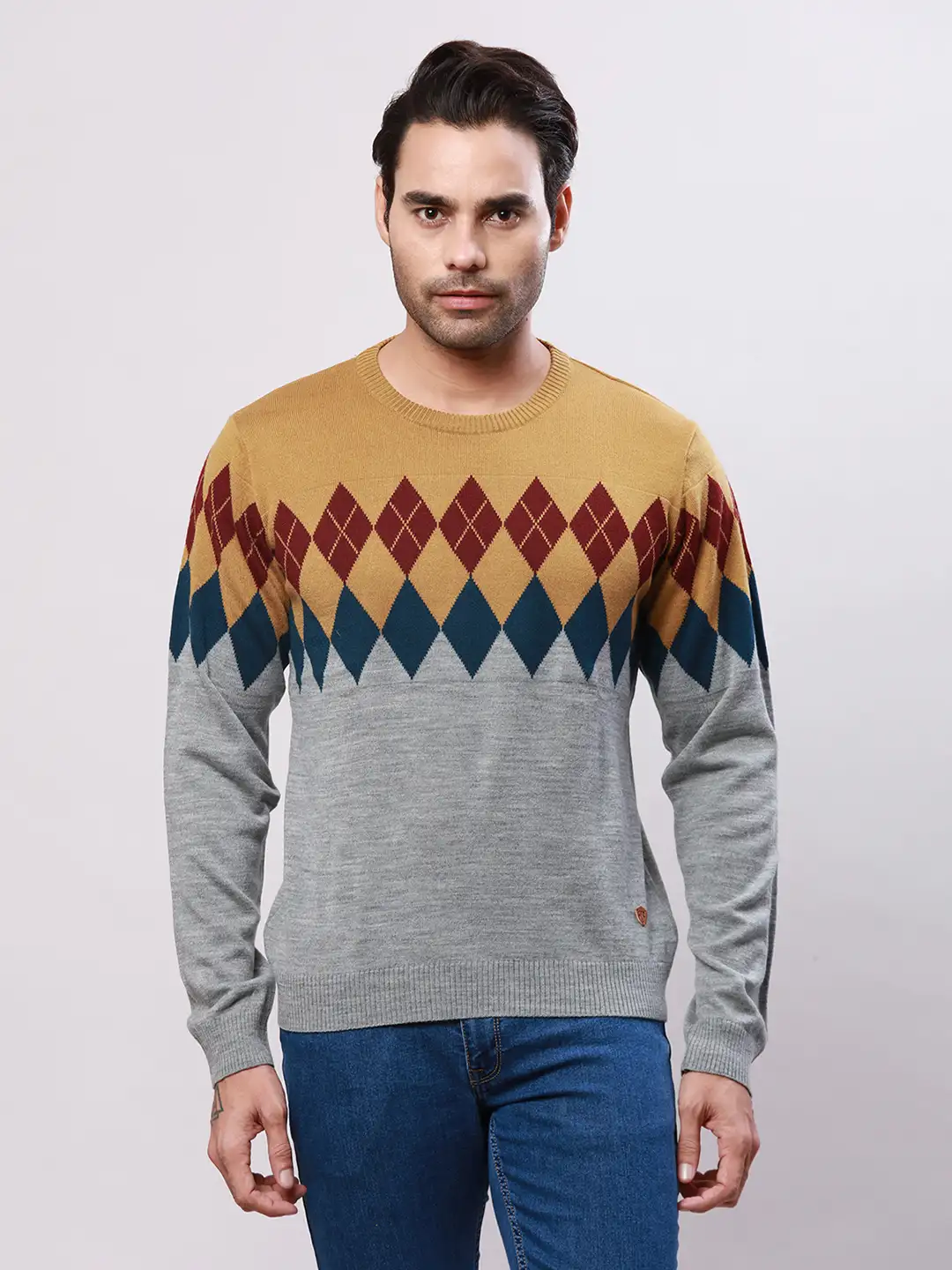 Raymond Men Grey Argyle Acrylic Blend Sweaters