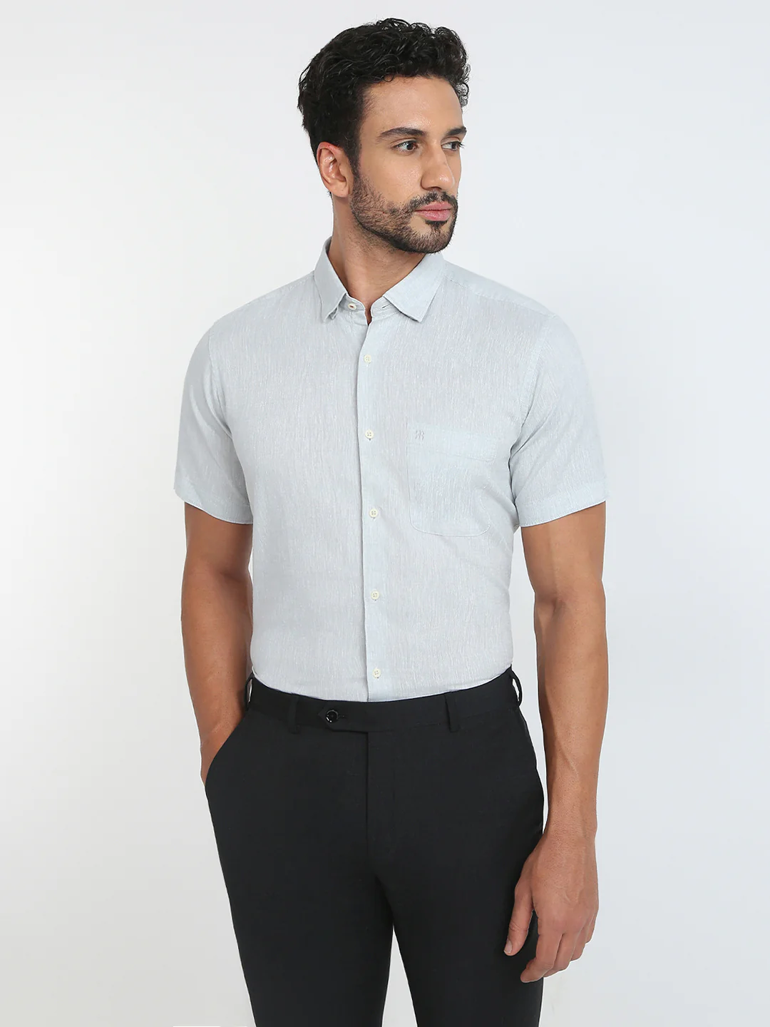 Raymond Men Grey Chambray Regular Fit Cotton Blend Casual Shirt
