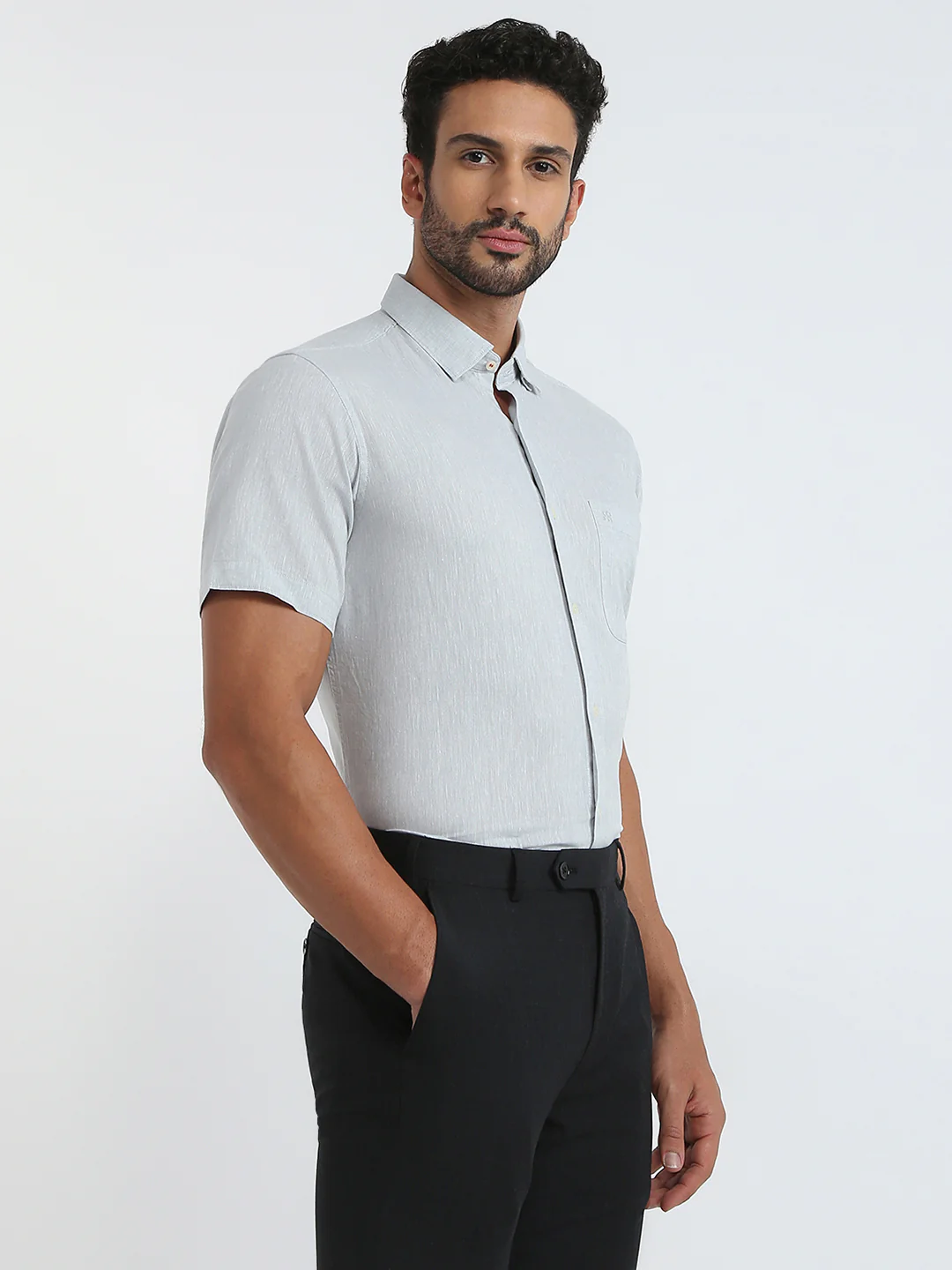 Raymond Men Grey Chambray Regular Fit Cotton Blend Casual Shirt - Image 2