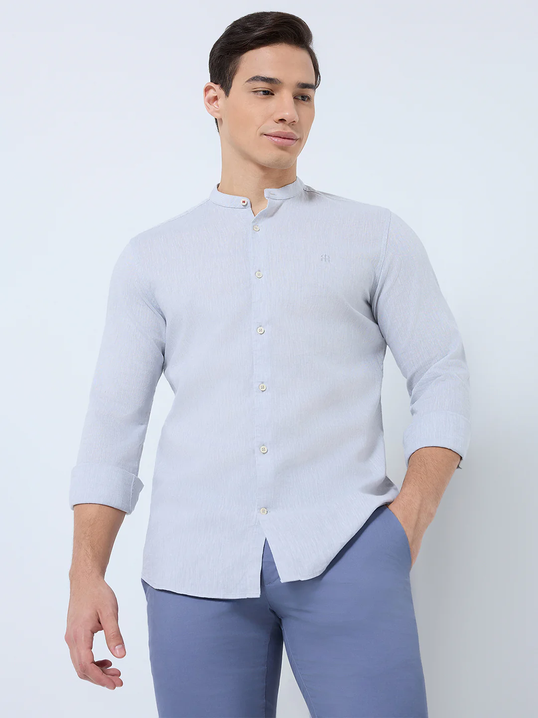 Raymond Men Grey Chambray Regular Fit Cotton Blend Casual Shirt