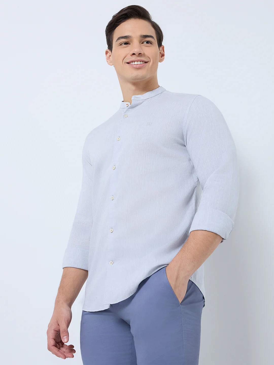 Raymond Men Grey Chambray Regular Fit Cotton Blend Casual Shirt - Image 2