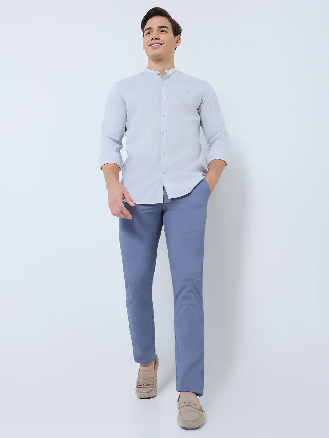 Raymond Men Grey Chambray Regular Fit Cotton Blend Casual Shirt - Image 5