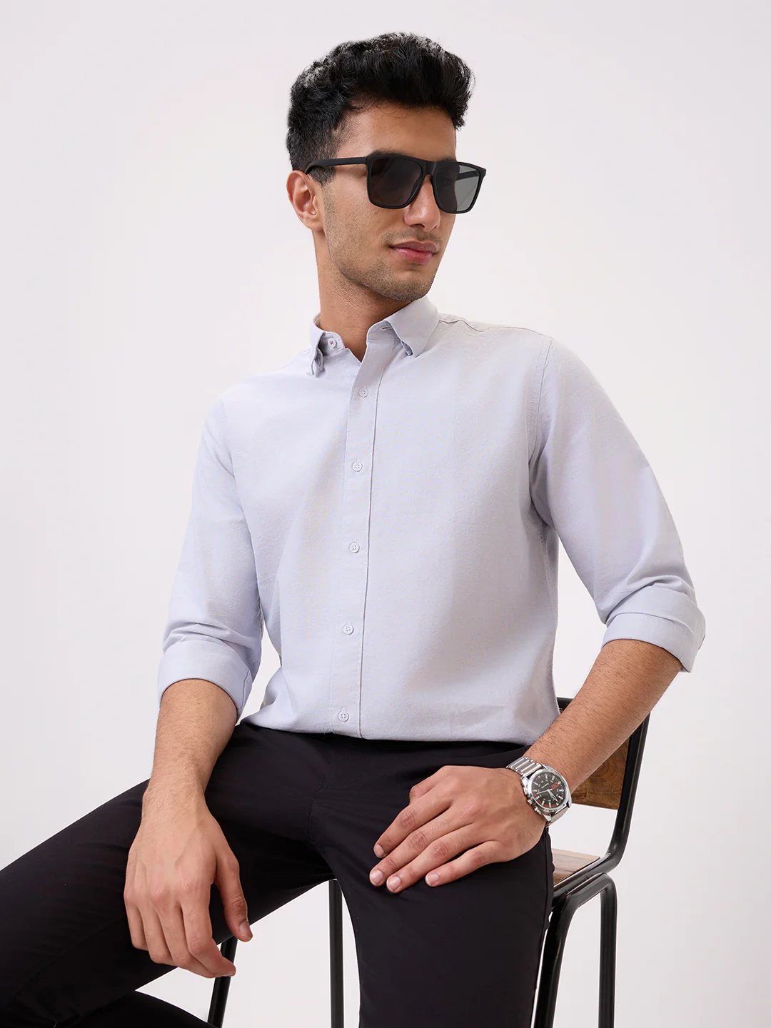 Raymond Men Grey Chambray Regular Fit Cotton Blend Casual Shirt