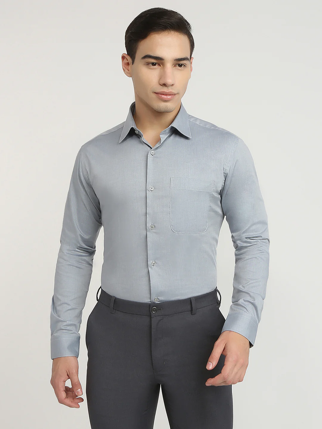 Raymond Men Grey Chambray Slim Fit Cotton Formal Shirt