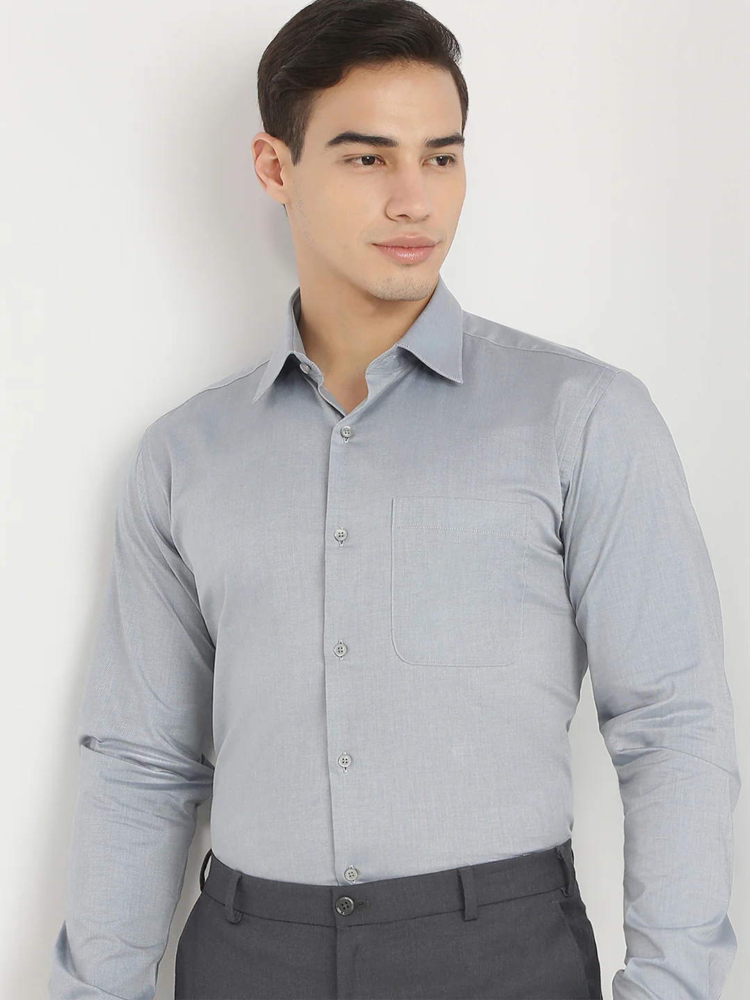 Raymond Men Grey Chambray Slim Fit Cotton Formal Shirt - Image 6
