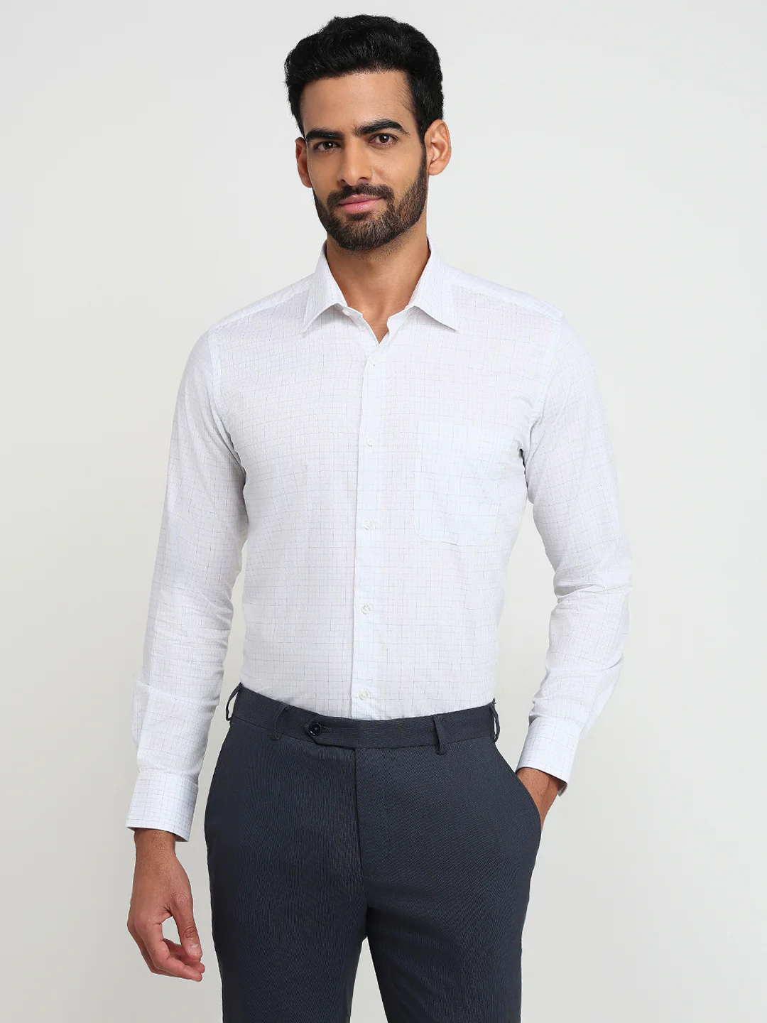 Raymond Men Grey Checks Regular Fit Cotton Formal Shirt