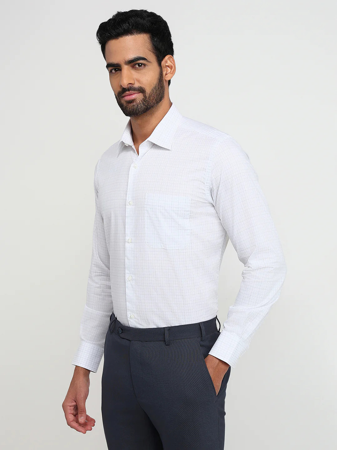 Raymond Men Grey Checks Regular Fit Cotton Formal Shirt - Image 2