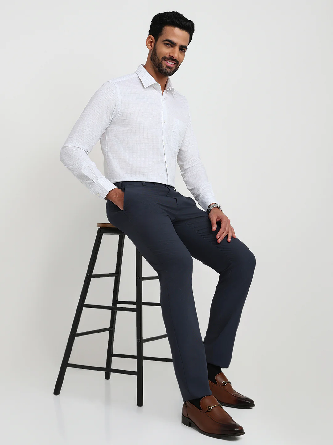 Raymond Men Grey Checks Regular Fit Cotton Formal Shirt - Image 5