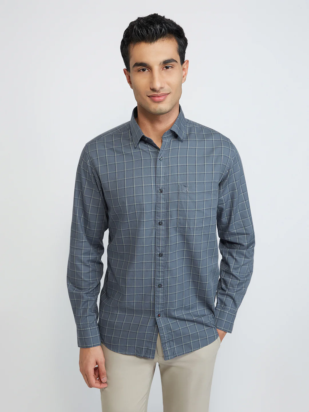 Raymond Men Grey Checks Slim Fit Cotton Casual Shirt