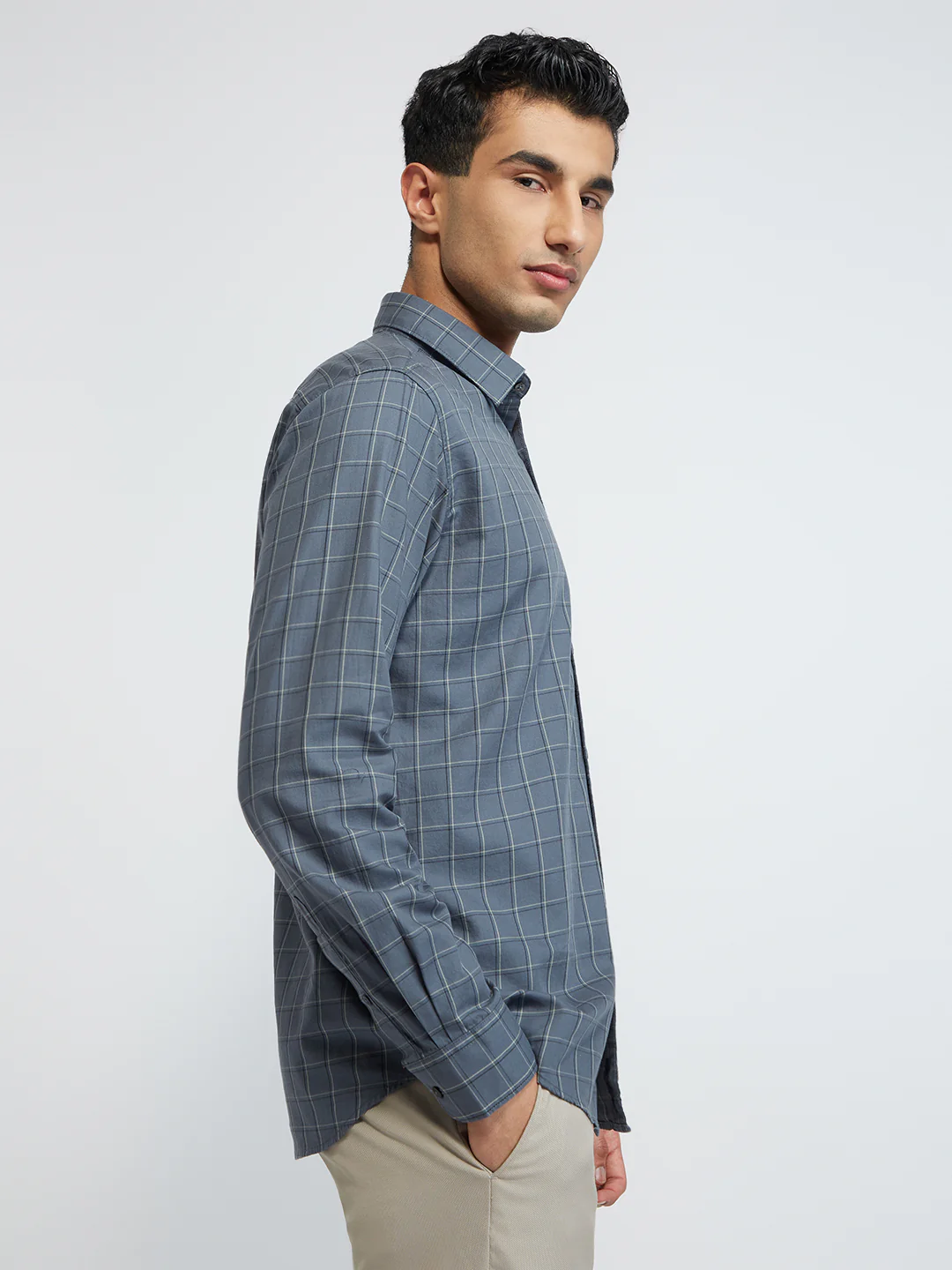 Raymond Men Grey Checks Slim Fit Cotton Casual Shirt - Image 2