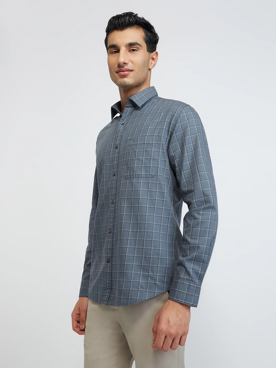 Raymond Men Grey Checks Slim Fit Cotton Casual Shirt - Image 3