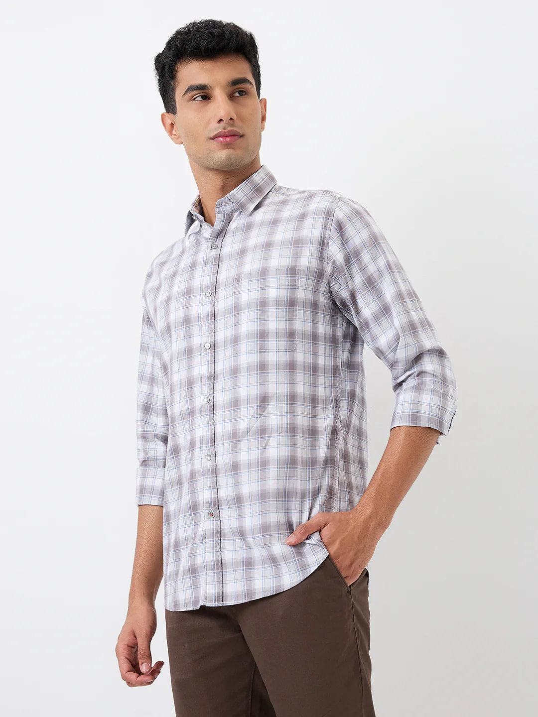Raymond Men Grey Checks Slim Fit Cotton Casual Shirt - Image 2