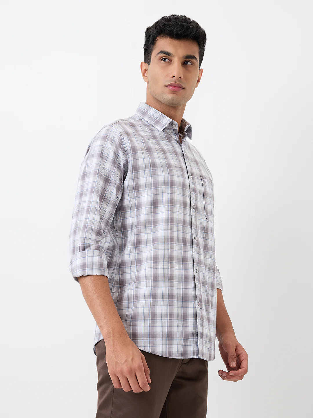 Raymond Men Grey Checks Slim Fit Cotton Casual Shirt - Image 3