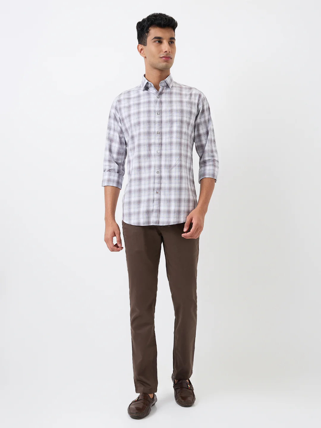 Raymond Men Grey Checks Slim Fit Cotton Casual Shirt - Image 5
