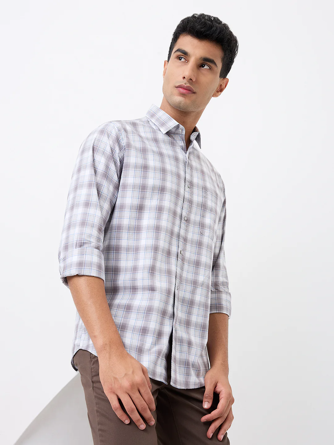 Raymond Men Grey Checks Slim Fit Cotton Casual Shirt - Image 6