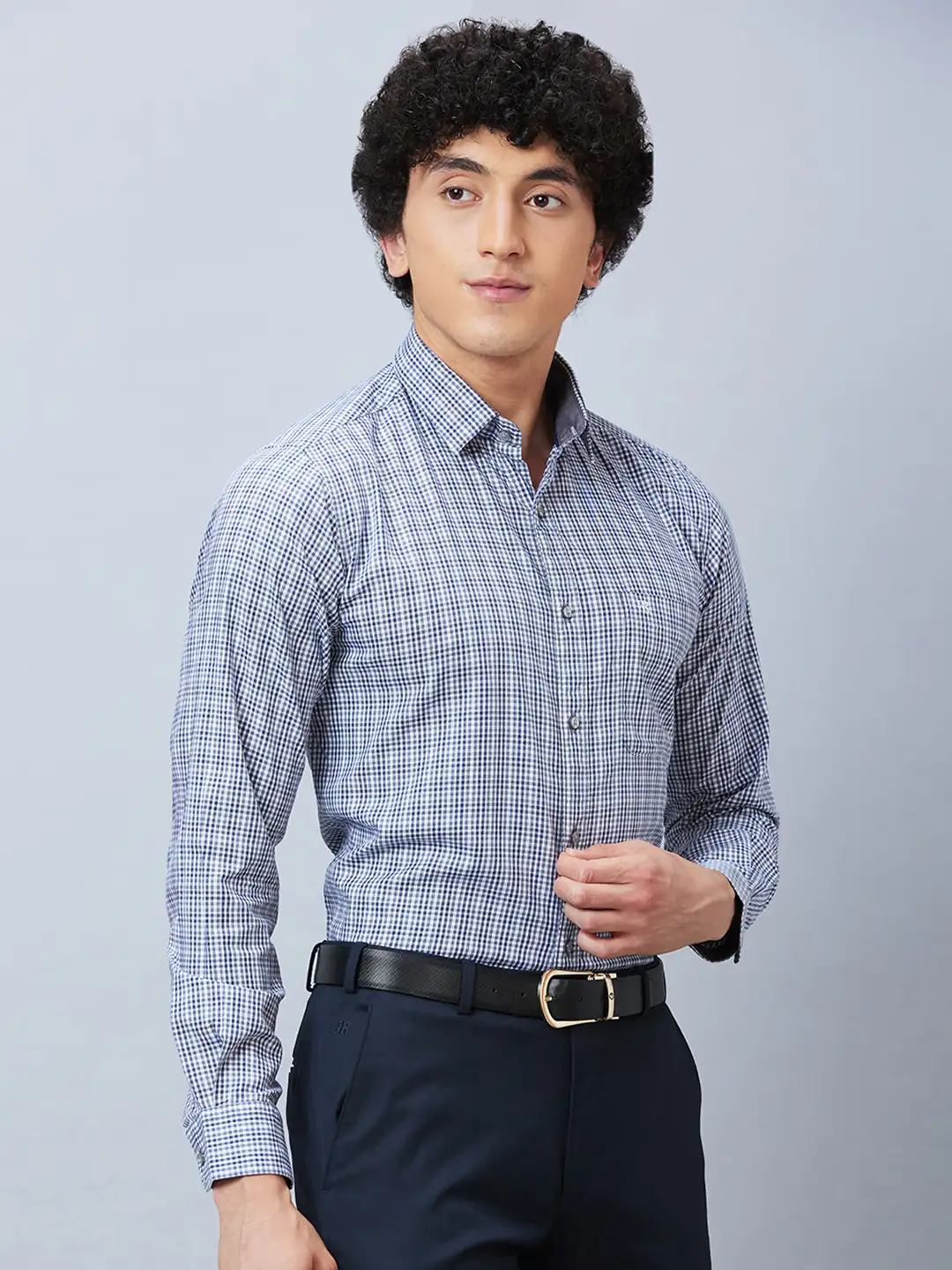 Raymond Men Grey Checks Slim Fit Cotton Regular Collar Shirt - Image 2