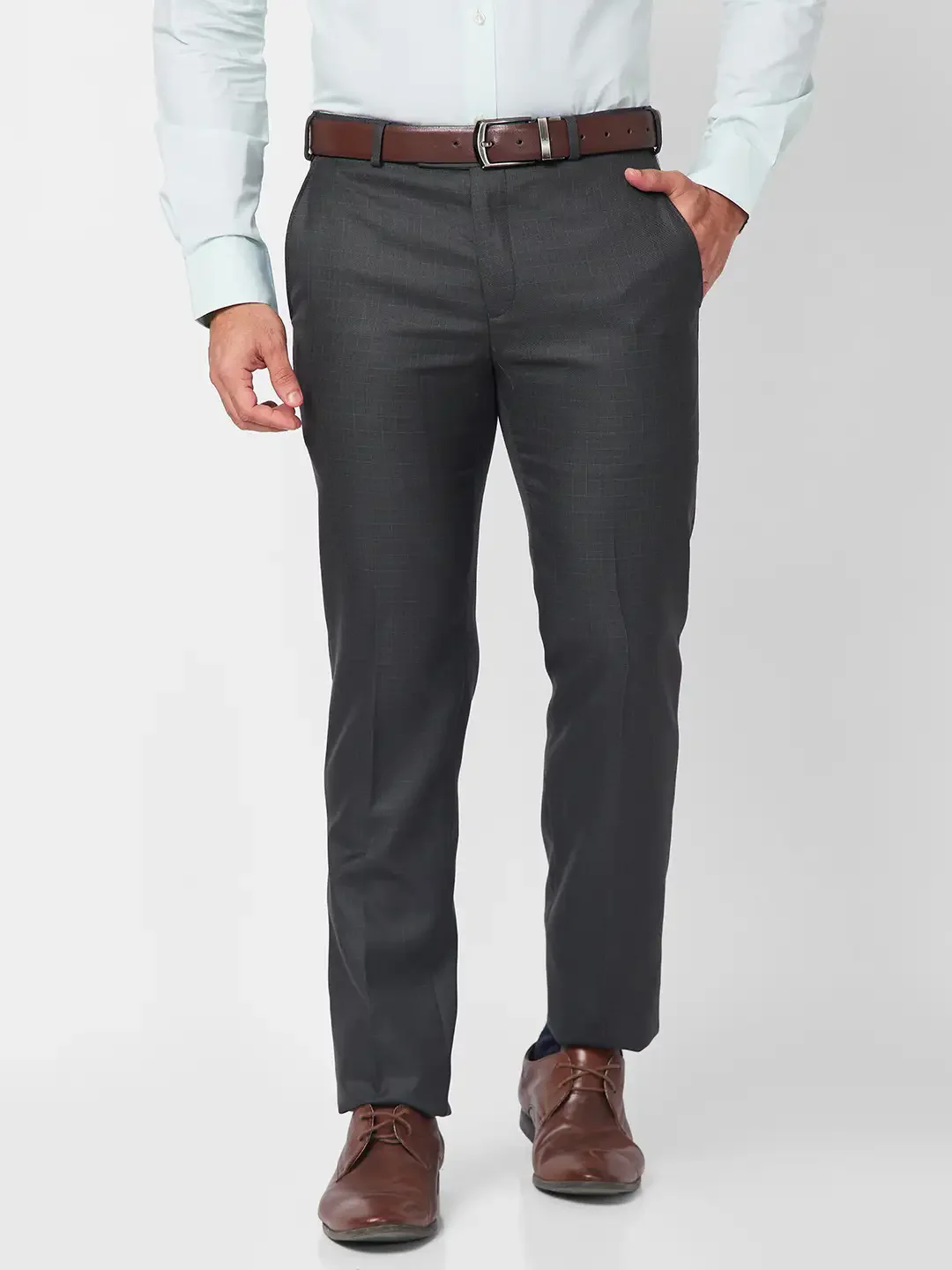 Raymond Men Grey Checks Slim Fit Polyester Blend Trouser