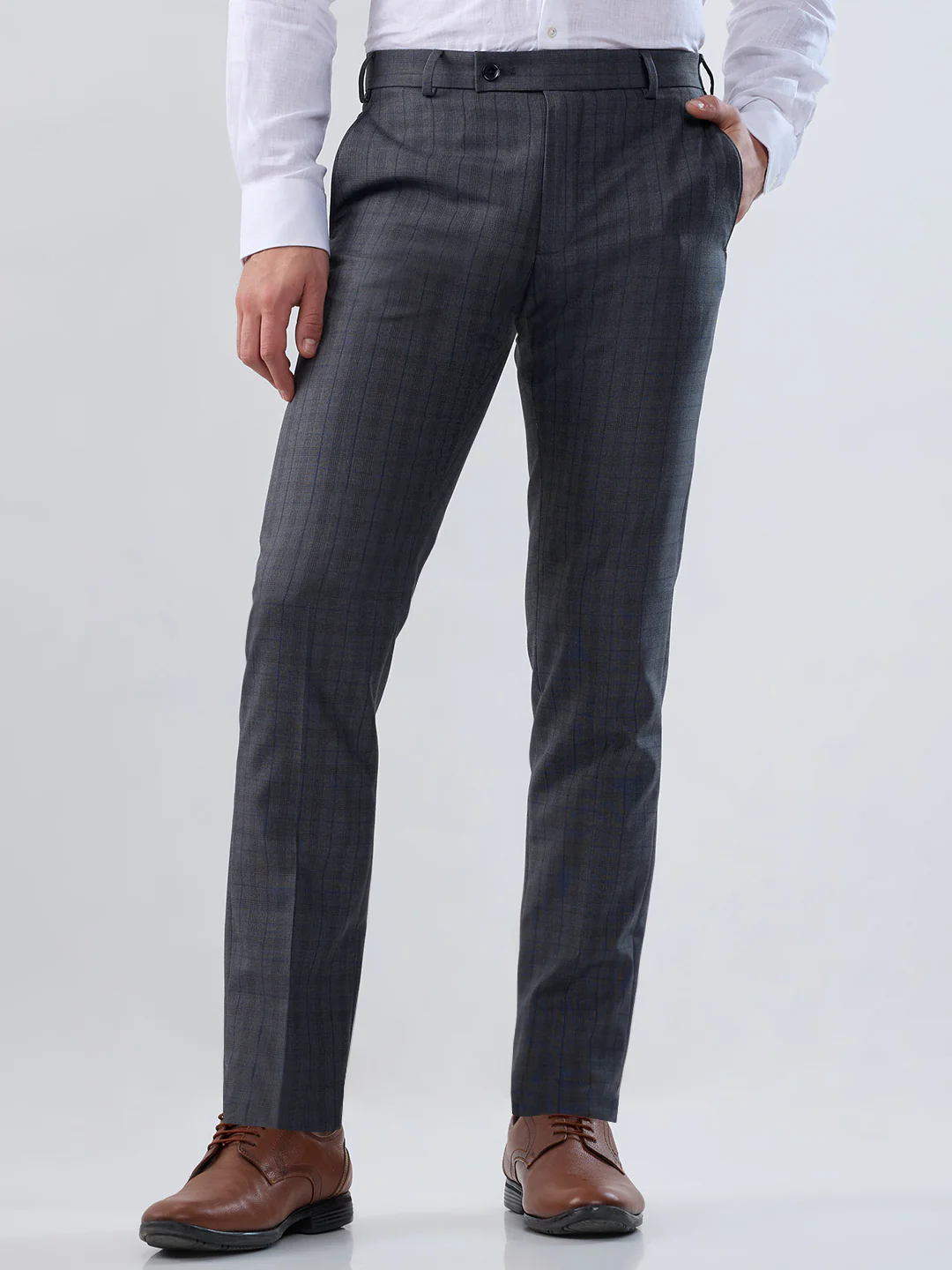 Raymond Men Grey Checks Slim Fit Polyester Blend Trouser