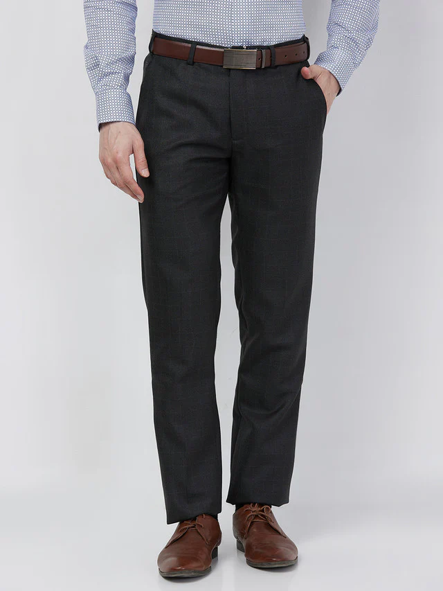 Raymond Men Grey Checks Slim Fit Polyester Blend Trouser