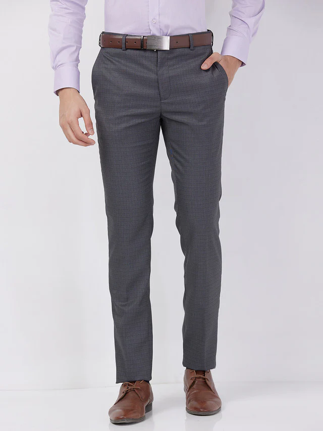 Raymond Men Grey Checks Slim Fit Polyester Blend Trouser