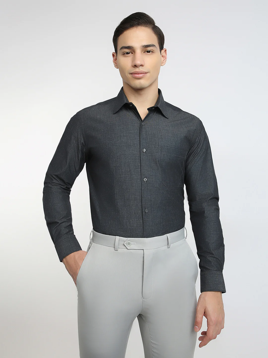 Raymond Men Grey Fil-A-Fil Contemporary Fit Cotton Formal Shirt