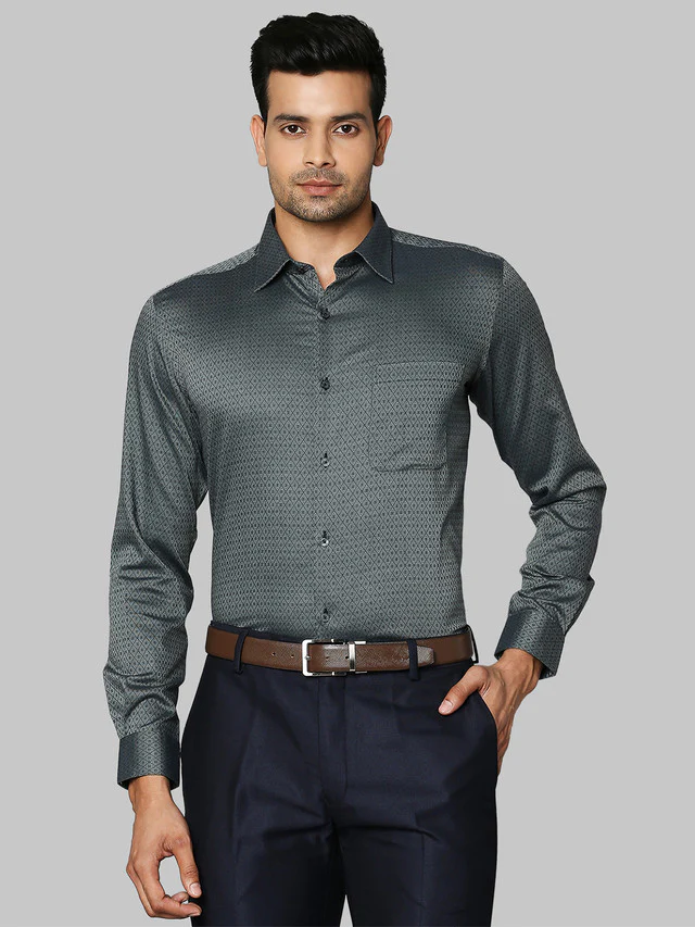 Raymond Men Grey Self Design Contemporary Fit Full Sleeve Semi Cut Away Collar Shirt